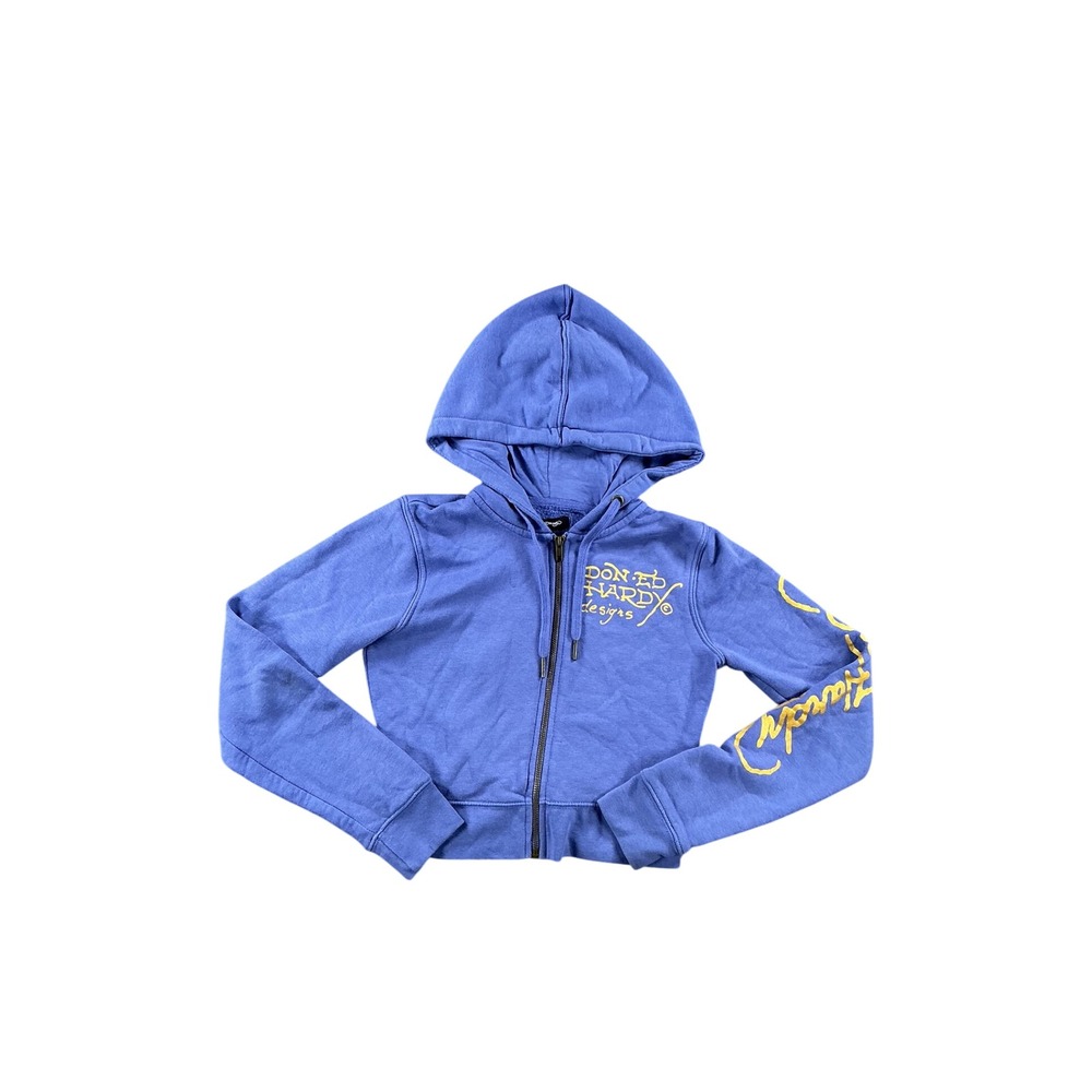 Ed Hardy Blue Tiger Graphic Zip Up Hoodie Cropped Y2K EHW1800-31 Small